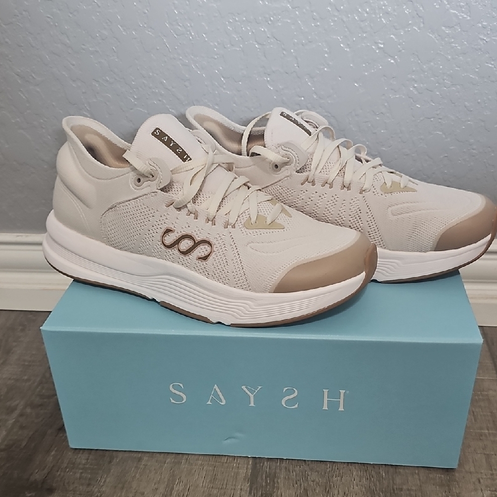 Cream and Tan Athletic Shoes with Knit Mesh Upper